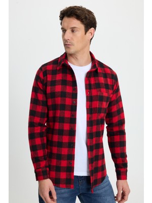 Tudors Erkek Slim Fit Dar Kesim Uzun Kollu Cepli Kareli Dama Desenli Kışlık Oduncu Gömlek