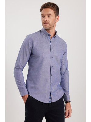 Tudors Erkek Slim Fit Dar Kesim Uzun Kollu Pamuklu Oxford Doku Lacivert Düğmeli Yaka Gömlek