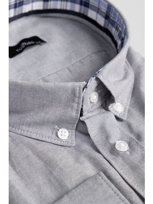 Tudors Erkek Big Size Büyük Beden Uzun Kollu Pamuklu Oxford Doku Tek Cepli Gri Düğmeli Yaka Gömlek