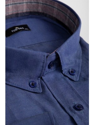 Tudors Erkek Big Size Büyük Beden Uzun Kollu Pamuklu Oxford Doku Tek Cepli Indigo Düğmeli Yaka Gömlek