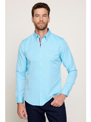 Tudors Erkek Slim Fit Dar Kesim Uzun Kollu Pamuklu Oxford Doku Kolay Ütülenebilir Mint Düğmeli Yaka Gömlek