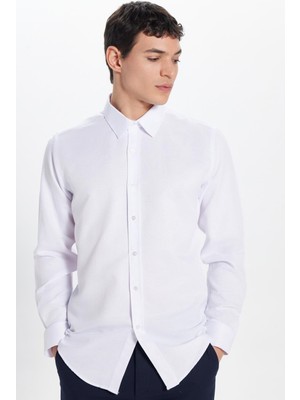 Tudors Erkek Modern Fit Dar Kesim Pamuklu Kolay Ütü Armürlü Beyaz Gömlek