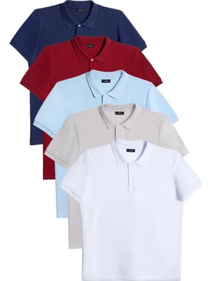 Tudors Erkek 5'li Paket Bordo-Gri-Lacivert-Beyaz-Mavi Slim Fit Dar Kesim Pamuklu Düz Pike Polo Yaka Tişört
