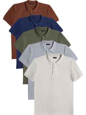 Tudors Erkek 5'li Paket Kahverengi-Lacivert-Haki-Gri-Açık Gri Slim Fit Pamuklu Düz Pike Polo Yaka Tişört