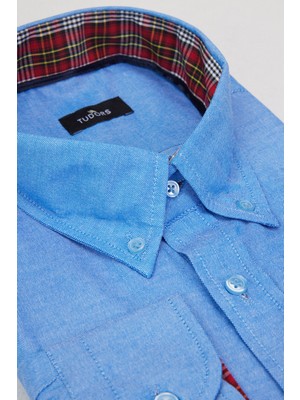 Tudors Erkek Büyük Beden Rahat Kesim Pamuklu Kolay Ütülenebilir Düğmeli Yaka Düz Mavi Spor Gömlek