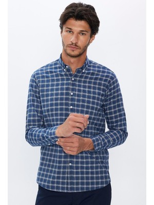 Tudors Erkek Regular Fit Klasik Kesim Düğmeli Yaka Küçük Kareli Pamuklu Lacivert Gömlek