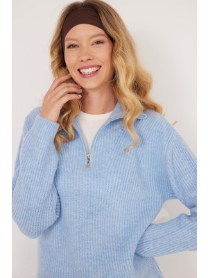 Tudors Kadın Oversize Geniş Kesim Dokumalı Fermuarlı Yaka Mavi Kazak