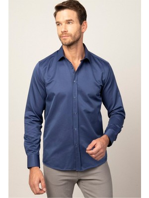 Tudors Erkek Modern Slim Fit Düz Saten Pamuklu Lacivert Gömlek