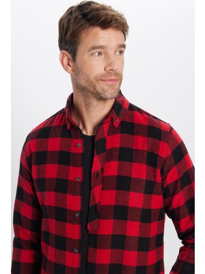 Tudors Erkek Slim Fit Dar Kesim Oduncu Düğmeli Yaka Kareli Kışlık Gömlek
