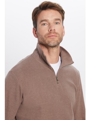 Tudors Unisex Relax Fit Rahat Kesim Fitilli Desenli Pamuklu Yarım Fermuarlı Kahverengi Dik Yaka Sweatshirt