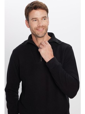 Tudors Unisex Relax Fit Rahat Kesim Fitilli Desenli Pamuklu Yarım Fermuarlı Siyah Dik Yaka Sweatshirt
