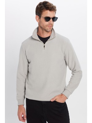 Tudors Unisex Relax Fit Rahat Kesim Fitilli Pamuklu Yarım Fermuarlı Gri Dik Yaka Sweatshirt