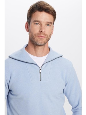 Tudors Unisex Relax Fit Rahat Kesim Fitilli Desenli Pamuklu Yarım Fermuarlı Mavi Dik Yaka Sweatshirt