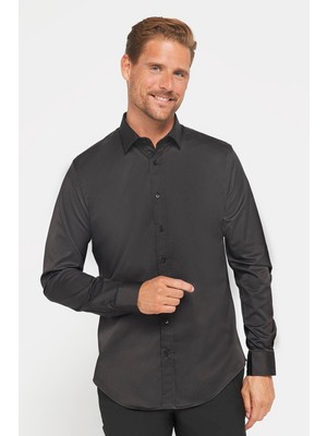 Tudors Slim Fit Uzun Kollu Likralı Düz Pamuk Saten Erkek Siyah Gömlek