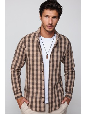Tudors Slim Fit Uzun Kollu Dar Kesim Düğmeli Yaka Kareli Kışlık Oduncu Erkek Gömlek