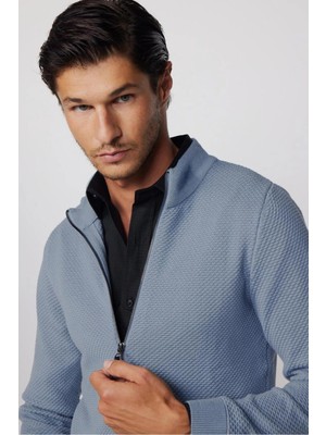 Tudors Erkek Slim Fit Dar Kesim Desenli Yarım Balıkçı Yaka Fermuarlı İndigo Renk Hırka