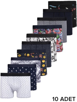 Tudors Erkek 10'lu Desenli Likralı Pamuklu Esnek Kumaş Premium Seri Boxer