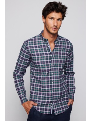 Tudors Erkek Slim Fit Dar Kesim Uzun Kollu Pamuklu Kolay Ütü Kareli Düğmeli Yaka Gömlek