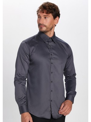 Tudors Slım Fıt Uzun Kollu %100 Koton Saten Premium Erkek Füme Gömlek