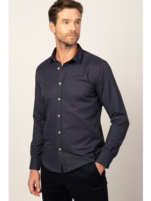 Tudors Modern Fit Uzun Kollu Armürlü Kravatlık Erkek Lacivert Gömlek