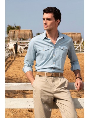 Tudors Slim Fit Uzun Kollu Dar Kesim Çift Cep Unisex Mavi Gömlek