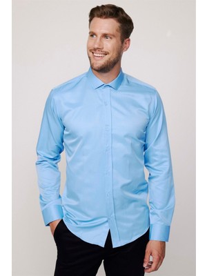Tudors Modern Slim Fit Uzun Kollu Düz Saten Pamuklu Erkek Mavi Gömlek