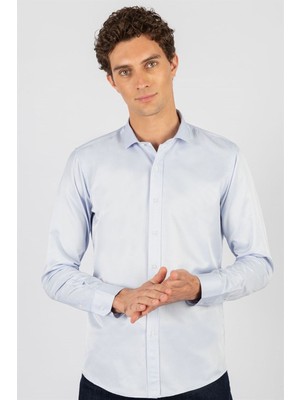 Tudors Modern Slim Fit Uzun Kollu Düz Saten Pamuklu Erkek Mavi Gömlek