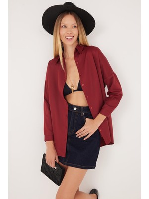 Tudors Kadın Oversize Rahat Kesim Spor Yaka Uzun Kollu Basic Düz Bordo Gömlek