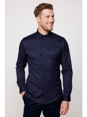 Tudors Slim Fit Uzun Kollu Likralı Düz Pamuk Saten Erkek Lacivert Gömlek