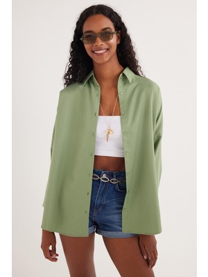 Tudors Kadın Oversize Rahat Kesim Spor Yaka Uzun Kollu Basic Düz Mint Gömlek