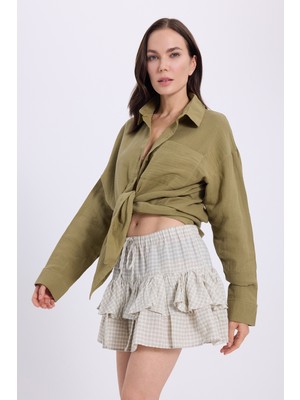 Tudors Kadın Oversize Geniş Kesim %100 Pamuk Müslin Kumaş Uzun Kollu Cepli Dokulu Haki Gömlek