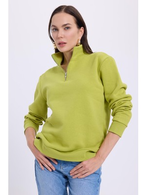 Tudors Kadın Relax Fit Rahat Kesim Pamuklu İçi Polarlı Yarım Fermuarlı Yeşil Dik Yaka Sweatshirt