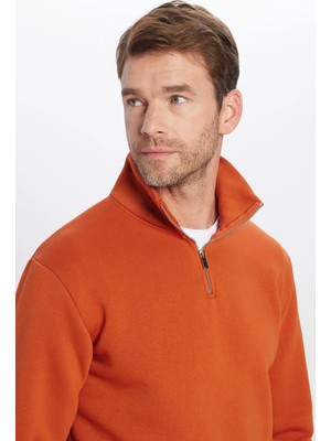 Tudors Unisex Relax Fit Rahat Kesim Pamuklu Içi Polarlı Yarım Fermuarlı Kiremit Renk Dik Yaka Sweatshirt