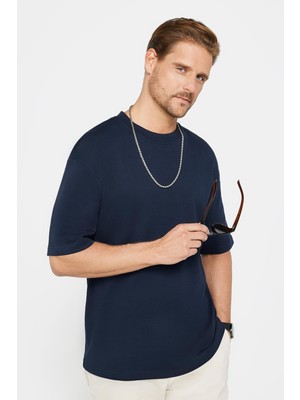 Tudors Unisex Oversize Geniş Kesim %100 Pamuk Yumuşak Dokulu Basic Bisiklet Yaka Lacivert Tişört