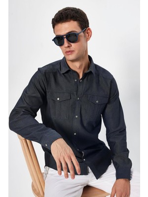 Tudors Erkek Slim Fit Dar Kesim Denim Kot Yıkamalı Çift Cepli Indigo Spor Yaka Gömlek