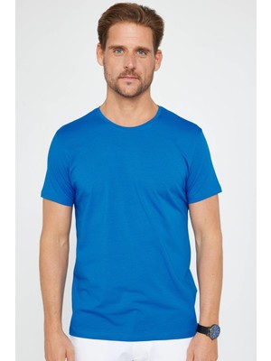 Tudors Erkek Slim Fit Dar Kesim Pamuklu Yumuşak Doku Likralı Esnek Kumaş Basic Turkuaz Bisiklet Yaka Tişört