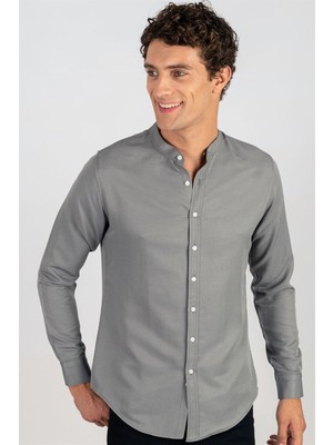 Tudors Erkek Slim Fit Dar Kesim Pamuklu Kolay Ütü Gri Hakim Yaka Gömlek
