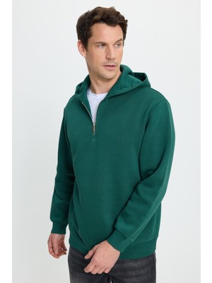 Tudors Unisex Relax Fit Rahat Kesim Pamuklu İçi Polarlı Yarım Fermuarlı Haki Kapüşonlu Sweatshirt