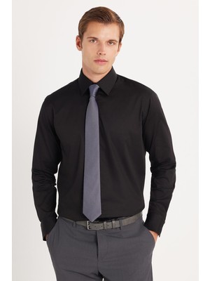 Tudors Erkek Klasik Fit Rahat Kesim Premium Likralı Pamuk Saten Siyah Gömlek