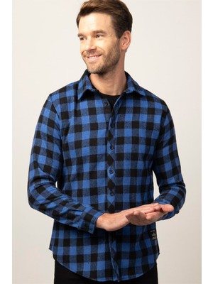 Tudors Slim Fit Uzun Kollu Kışlık Oduncu Dama Desen Erkek Sax Mavi Gömlek