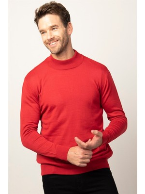 Tudors Erkek Slim Fit Dar Kesim Yarım Balıkçı Yaka Düz Kırmızı Triko Kazak