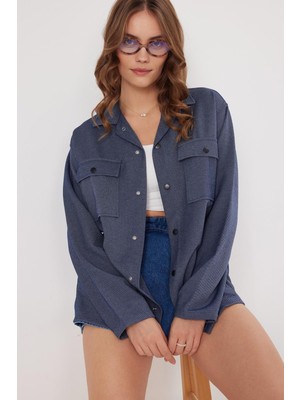 Tudors Kadın Relax Fit Rahat Kesim Örme Çift Cepli Lacivert Gömlek