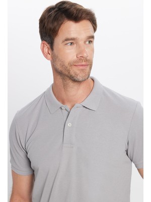 Tudors Erkek Slim Fit Dar Kesim Pamuklu Yumuşak Dokulu Serin Tutan Kumaş Düz Pike Gri Polo Yaka Tişört