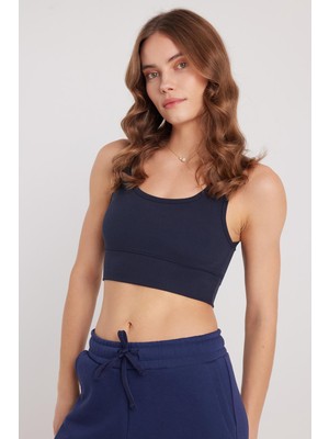 Tudors Kadın Slim Fit Dar Kesim Askılı Kare Yaka Lacivert Crop
