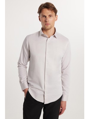 Tudors Slim Fit Uzun Kollu Pamuklu Düz Erkek Bej Gömlek