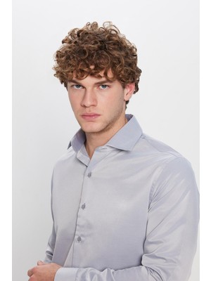 Tudors Slim Fit Uzun Kollu Pamuklu Düz Erkek Gri Gömlek