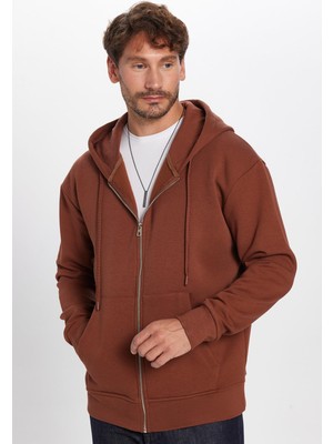 Tudors Unisex Relax Fit Rahat Kesim Pamuklu İçi Polarlı Çift Cepli Tam Fermuarlı Kahverengi Kapüşonlu Sweat