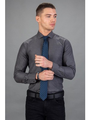 Tudors Modern Slim Fit Uzun Kollu Pamuklu Kolay Ütü Armürlü Erkek Gri Gömlek