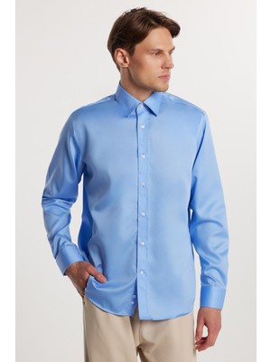 Tudors Regular Fit Mavi Non-Iron %100 Pamuk Doğa Dostu Ekoteks Belgeli Ütü Gerektirmez Gömlek