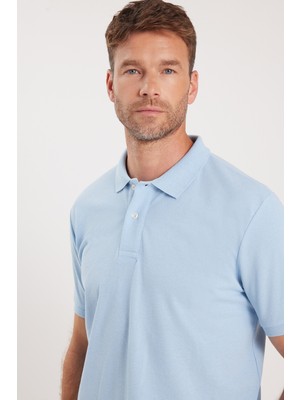 Erkek Regular Fit Klasik Kesim Pamuklu Yumuşak Dokulu Serin Tutan Kumaş Düz Mavi Polo Yaka Tişört